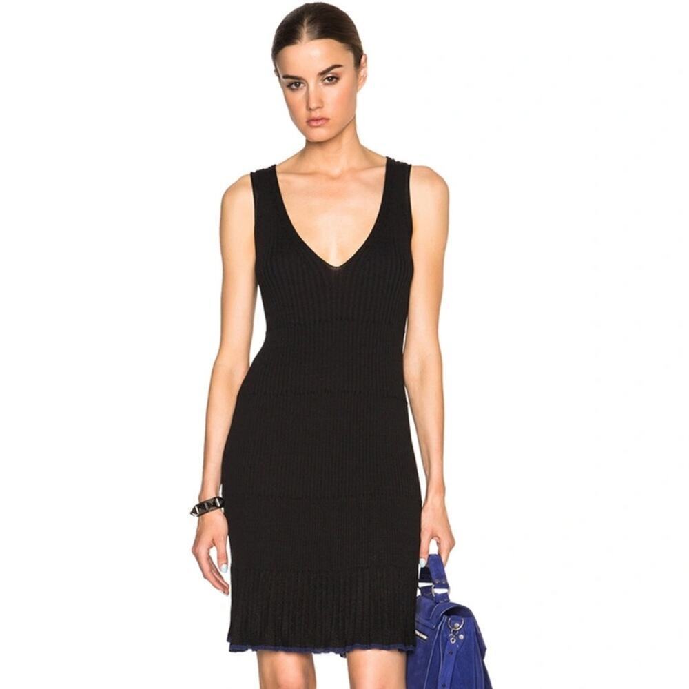 Rag & Bone Yasmine Ribbed Pleated V-Neck Tank Dress w/Blue‎ Trim